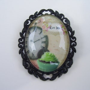Alice in Wonderland Cameo Pin Brooch, Eat Me Cameo Pin,  3 COLOR Setting Choice