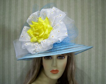 Kentucky Derby Baby Blue and YeLLow Hat, Tea Party Hat, Bridal Hat, Easter Hat, Church Hill Downs Hat, Preakness Hat, Wedding Hat