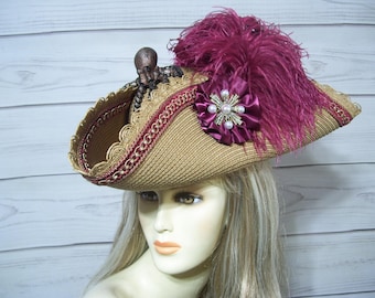 Tan and Burgundy Straw Pirate Hat, Halloween Tricorn Hat, Renaissance, Gasparilla Hat 22.5" inside