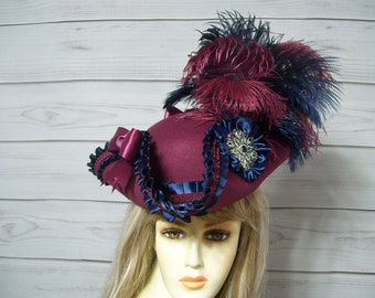 Pirate Hat, Burgundy Pirate Hat, Burgundy Tricorn Hat, Halloween Pirate Hat, Renaissance Hat, LARP, Steampunk Hat, Jack Sparrow