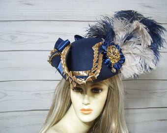 Unisex Navy Pirate Hat with Ostrich Feathers, Renaissance Tricorn Hat, Gasparilla, Halloween