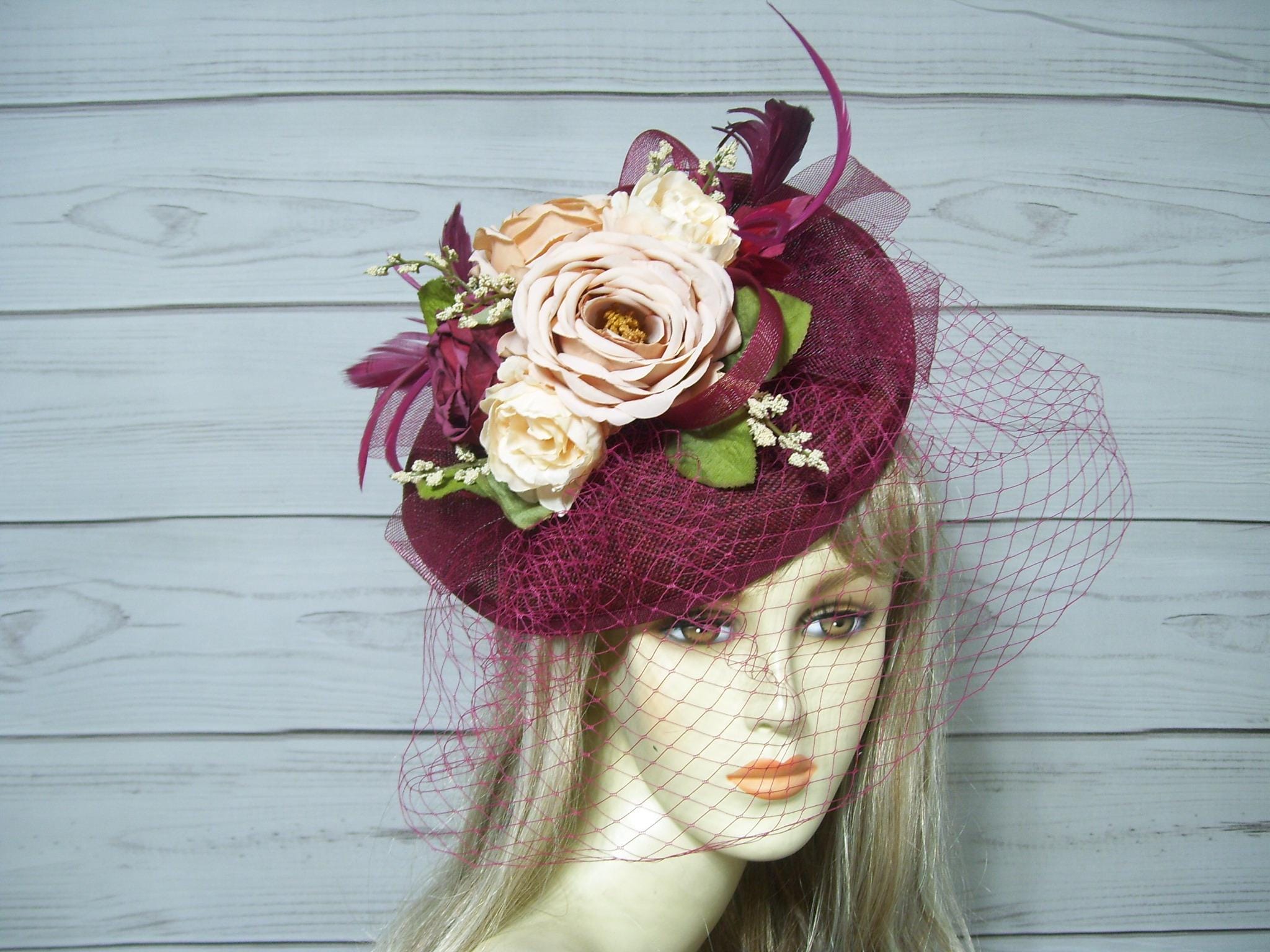 Plum wine faux pearl fascinator Parisian inspired Burgundy Fascinator - Etsy main image 4