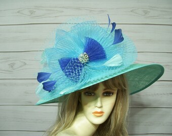 Ladies Light Blue Kentucky Derby Hat, Wedding, Horse Showing, Mother's Day, Womans Church Hat, Belmont, USA Seller