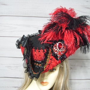 Ladies Black and Red Pirate Hat, Halloween Pirate Hat, Tricorn Hat Renaissance Hat, Gasparilla Hat, 22.5&quot; inside