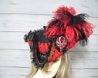 Sombrero pirata negro y rojo para mujer, tricornio con encaje veneciano, 22,5" de ancho.