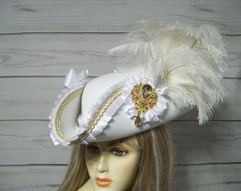 White and Gold Pirate Hat, Wedding Pirate Hat, White Tricorn Hat, Renaissance