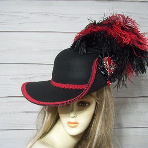 Black and Red Cavalier Hat, Black Pirate Hat, Renaissance Hat, 17th Century Hat, 3 Musketeer Hat, 22.5" inside circumference