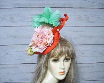 Orange and Green Fascinator Hat with Flower and Feathers, Kentucky Derby Fascinator Hat