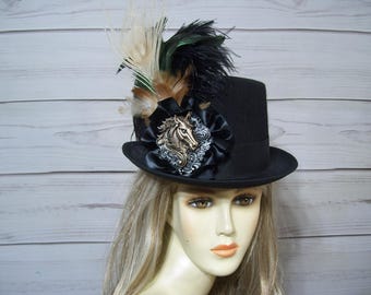 Unisex Black Top Hat, Kentucky Derby Top Hat with Horse, Equestrian, 22.5" inside circumference