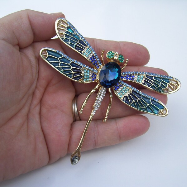 Large Dragonfly Pin, Dragonfly Brooch, Dragonfly Pendent, Blue Dragonfly Brooch Pin Rhinestone Jewels, See Video
