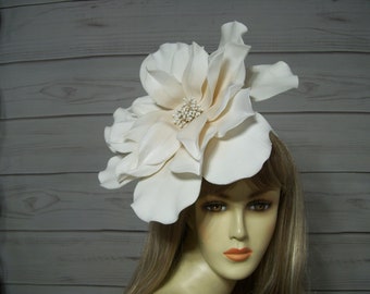 12" Ivory Flower Kentucky Derby Fascinator, Wedding Bridal Flower Hat, Horse Racing, Tea Party, Alice in Wonderland Flower Hat