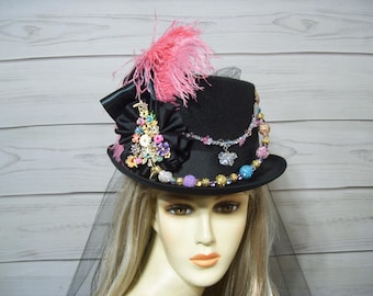 Pink Christmas Black Top Hat, Kentucky Derby Top hat, Steampunk, Tea Party, 22.5" inside Circ.