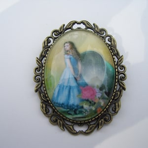 Alice in Wonderland Cameo Pin Brooch, Alice with Big Teacup Cameo Pin, Teatime Pin, 3 COLOR Setting Choice
