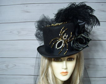 Ladies Black Top Hat, Spiders Halloween Hat, Halloween Party Top Hat See Video 22.5" inside circ.
