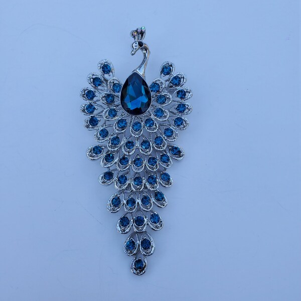 Peacock Pin, Peacock Pendent, Aqua Peacock Brooch, Large 4 Inch Rhinestone Peacock Brooch, Rhinestone Peacock Pin, Bird Pin