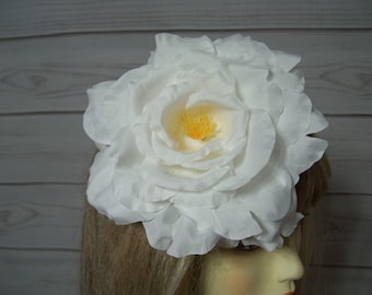 7 Inch White Rose Wedding Fascinator, Kentucky Derby Flower Fascinator Hat, Easter Rose Hair Flower Clip