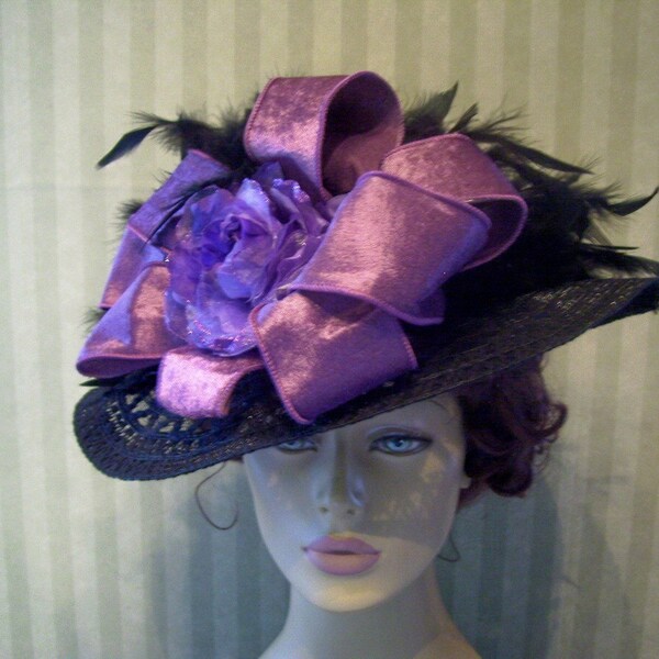 Kentucky Derby Victorian Hat  Church Hat Wedding Hat Wide Brim Hat  Ribbon Feathers Large Rose