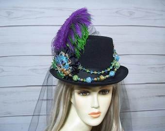 Mardi Gras Top Hat, Black Top Hat, Kentucky Derby, Steampunk, Wedding, Tea Party, 22.5" inside Circ.