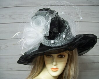 Ladies Black Sheer Hat, Kentucky Derby Hat, Easter Wide Brim Hat, Mourning Hat Wedding Hat Horse Racing Day, Belmont, Preakness Hat, USA