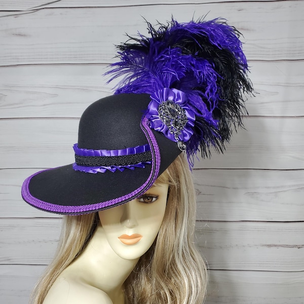 Ladies Cavalier Hat, Black and PURPLE Gasparilla Pirate Hat, Puss n Boots Hat, Black Pirate Hat, Renaissance Hat, 3 Musketeer Hat, 22.5"