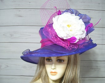 Purple and Pink Hat, Easter Organza Hat, Kentucky Derby Hat, Belmont, Preakness, Church, Horse Show Hat