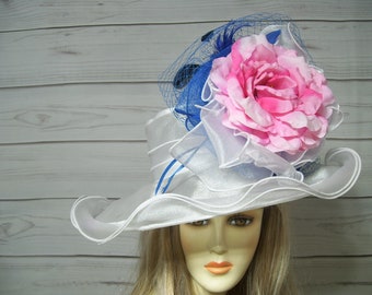 White Blue Pink Hat Kentucky Derby Hat Bridal Hat, White Easter Hat, Church Hat, Mother's Day Hat, Tea Party Hat, Organza Hat, Car Show Hat