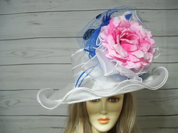 White Blue Pink Hat Kentucky Derby Hat Bridal Hat, White 