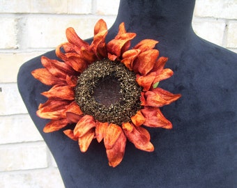 Burnt Orange Sunflower Hat Pin, Sunflower Brooch, Sunflower Pin, Coat Pin, Tea Party Sunflower Pin