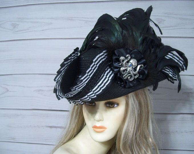 Ladies Black and White Pirate Hat, Renaissance Tricorn Hat, Halloween ...
