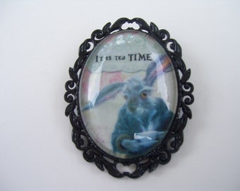 Alice in Wonderland Cameo Pin Brooch, The White Rabbit Cameo Pin, It is Tea Time, 3 COLOR Setting Choice