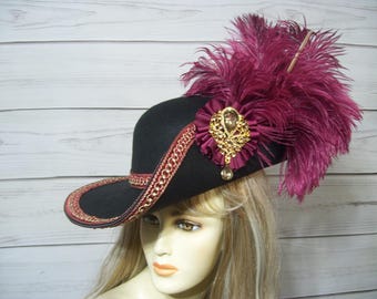 Black and Burgundy Cavalier Hat Renaissance, Gasparilla Hat, 17th Century Black Hat, 3 Musketeer Hat