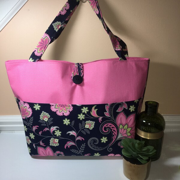 Large Handmade Tote Bag, Navy and Pink Tote Bag, Travel Tote Bag, Project Bag, Overnight Bag, Knitting Tote Bag, Crochet Bag, Fabric Tote