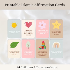 Schede di affermazione islamica stampabili per bambini/24 affermazioni positive quotidiane/Download digitale/Schede motivazionali/Strumento per genitori musulmani