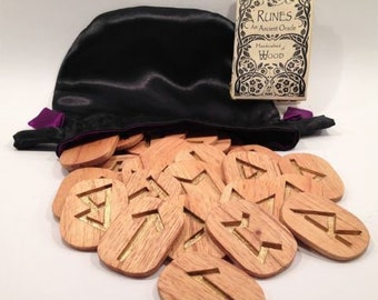 RUNES Stones : Wood - Ancient Norse Viking Druid Divination Tool Set in Satin Bag with booklet.