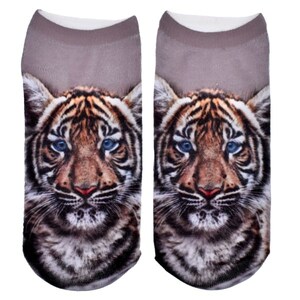 May include: A pair of ankle socks with a tiger face print. The tiger has blue eyes and brown and black stripes. The socks are gray.