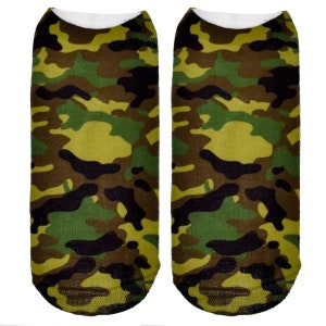 May include: A pair of ankle socks with a camouflage pattern in shades of green, brown, and black.