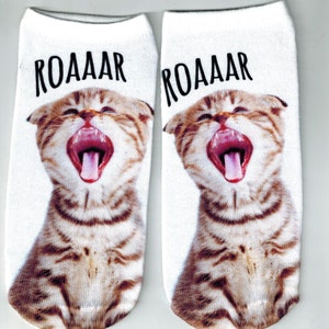 Cute Ankle Socks printed with Roaaaar and a Yawning wide mouthed tabby cat.