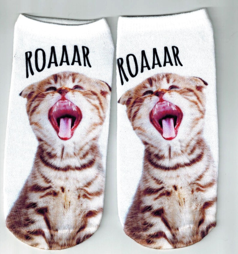 Cute Ankle Socks printed with Roaaaar and a Yawning wide mouthed tabby cat.