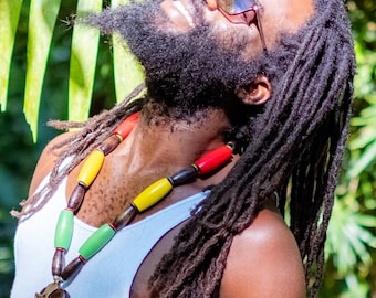 RASTA Necklace Pendant Big Bead SeaHeart and Brass Ethiopian Cross Lion of Judah Pendant