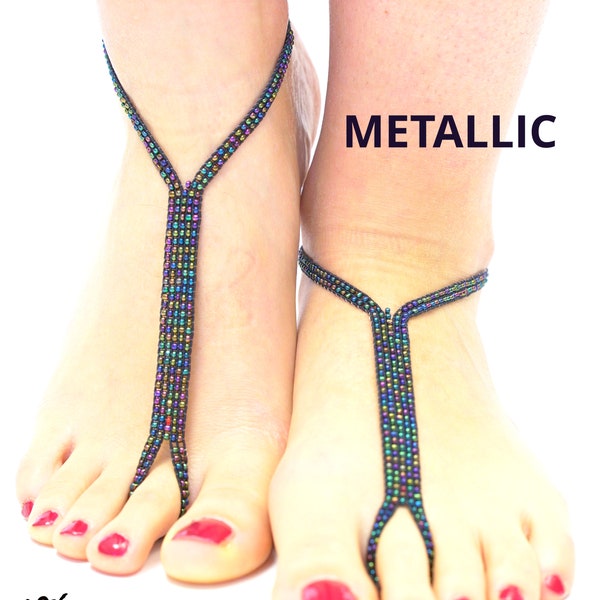 METALLIC iridescent Glass beaded Barefoot Sandals Foot Jewlery