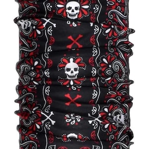 May include: Black and red bandana with a skull and crossbones pattern. The bandana is made of a soft, stretchy fabric and can be worn as a neck gaiter, headband, or wristband.