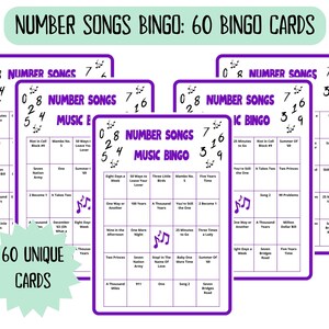 60 Number Songs Music Bingo cards - music bingo -  music game including Spotify playlist - number music bingo - 50s 60s 70s 80s 90s 00s music - printable game - songs of the decade - numbers bingo - numbers music - homeschool activity - family night