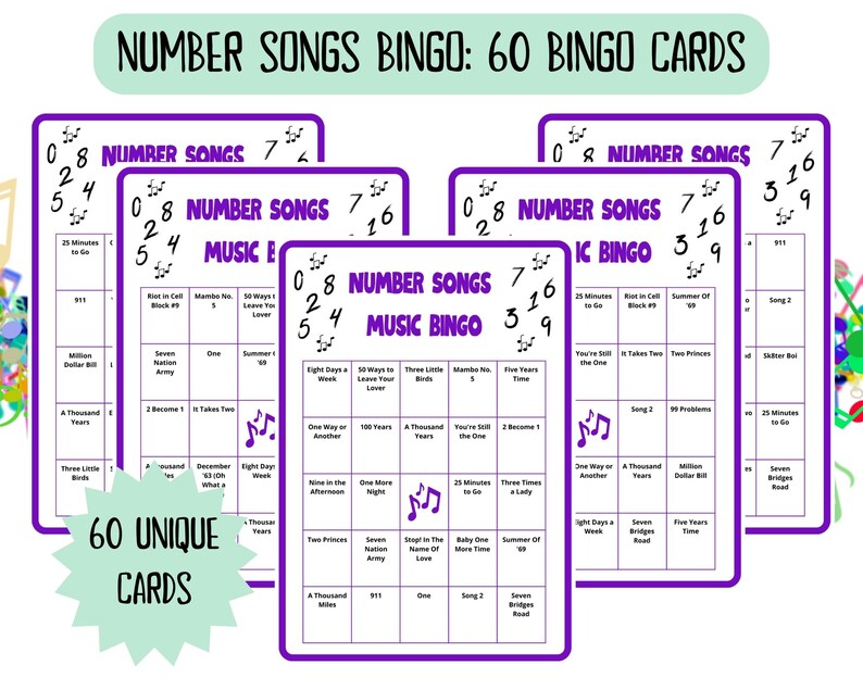 60 Number Songs Music Bingo cards - music bingo -  music game including Spotify playlist - number music bingo - 50s 60s 70s 80s 90s 00s music - printable game - songs of the decade - numbers bingo - numbers music - homeschool activity - family night