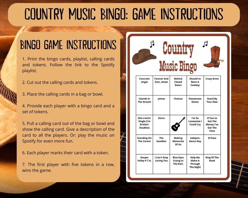 Country Music Bingo - 60 bingo cards music games - musical bingo - western bingo - Spotify playlist bingo - country bingo - musical games - country western gaming - country music - honky tonk - george strait - musical game - honkytonk - countrysongs