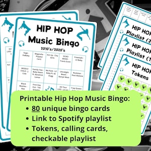 Bingo de música hip hop: 80 tarjetas, bingo de hip hop, juego musical de hip hop de los años 2010 y 2020, incluye lista de reproducción de Spotify, canciones de rap y hip hop para juegos de hip hop