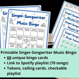 Bingo musical | 60 cartões de bingo | Música de cantor e compositor | Bingo musical dos anos 60, 70, 80, 90 e 00 | Jogos de festa musicais | Bingo de lista de reprodução do Spotify