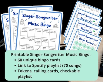 ミュージックビンゴ | 60 枚のビンゴカード | シンガーソングライターミュージック | ミュージカルビンゴ 60 年代、70 年代、80 年代、90 年代、00 年代 | ミュージカルパーティーゲーム | Spotify プレイリストビンゴ