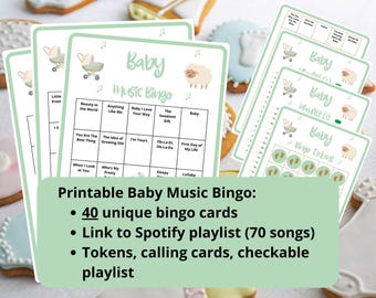 40 Baby Music Bingo cards - music bingo - baby shower bingo - baby sprinkle bingo - baby bingo - neutral baby shower - incl Spotify playlist