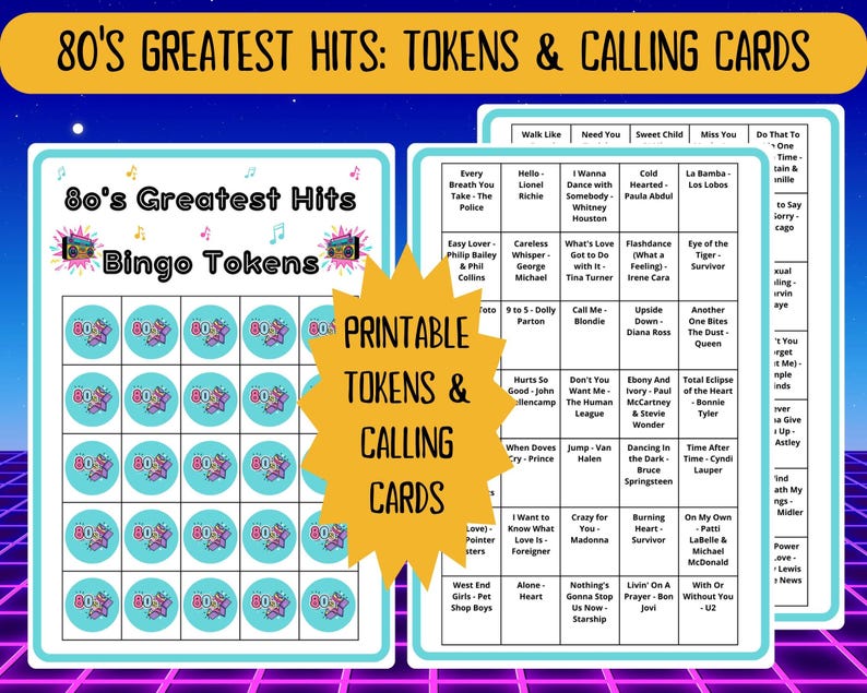 80 80s Greatest Hits Music Bingo cards - music bingo - 80s music - team building games - incl Spotify playlist - family reunion bingo - sing-a-long - songs of the decade - boom box - party game - bingo game - bar games - bar bingo - pub crawl bingo