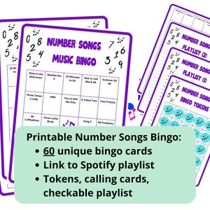 Number Bingo - 60 music bingo cards - music game - Spotify playlist bingo - math songs bingo - 60s 70s 80s 90s 00s music - musical bingo